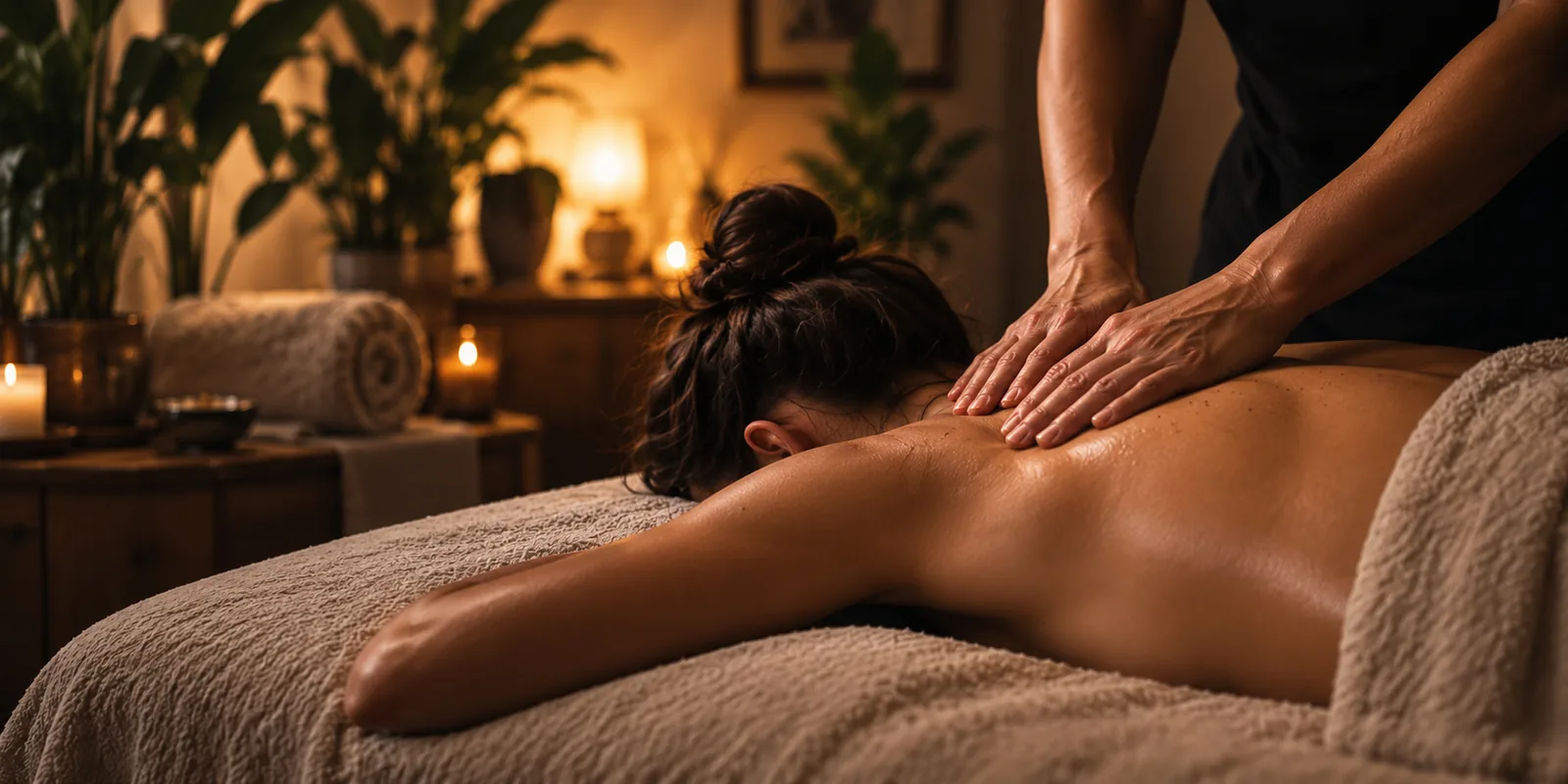 A therapist's hands working on a client's upper back in a softly lit treatment room.