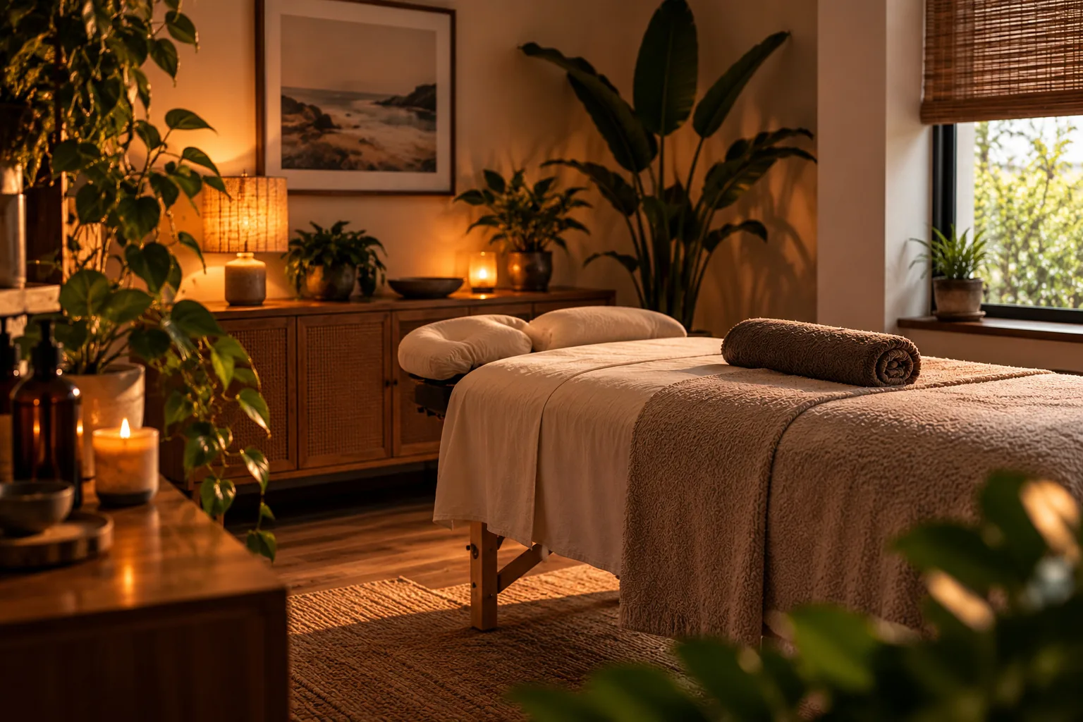 A softly lit treatment room with a massage table, plants and candles.