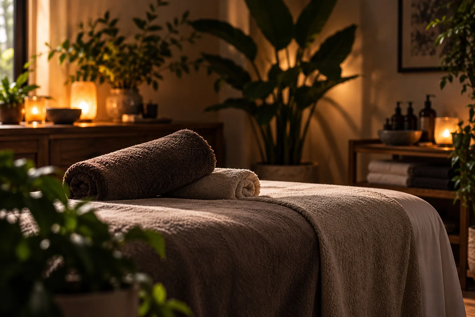 Rolled towels resting on a massage table in a warmly lit treatment room.