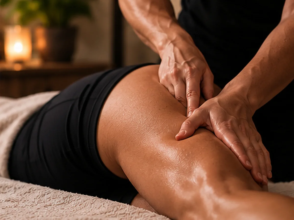 Sports massage on a client's back and shoulder.