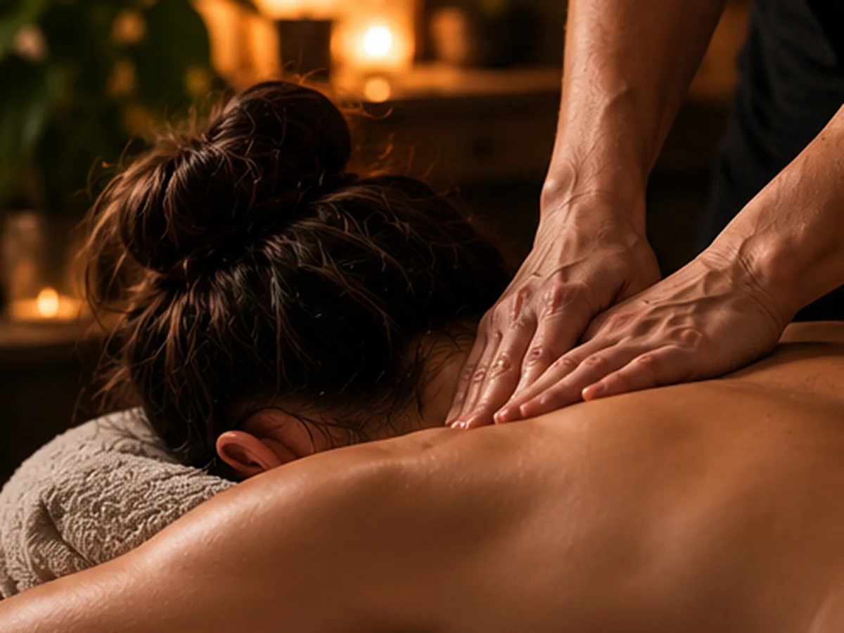 A therapist working on a client's shoulder in warm lamplight.