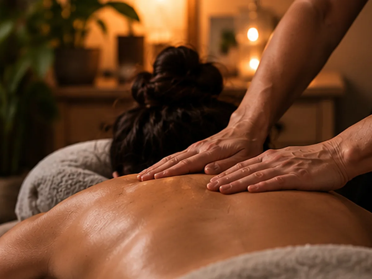A client resting on the massage table during a calm session.